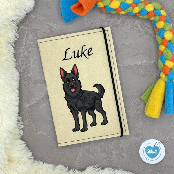 Designbeispiel der Impfpasshülle beige für die Hunderasse schwarzer Schäferhund